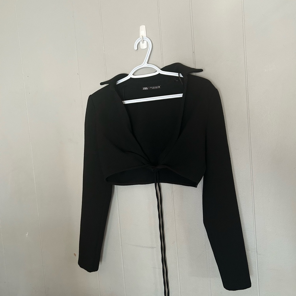 Zara Black Cropped Wrap Tie Front Long Sleeve Top Size S